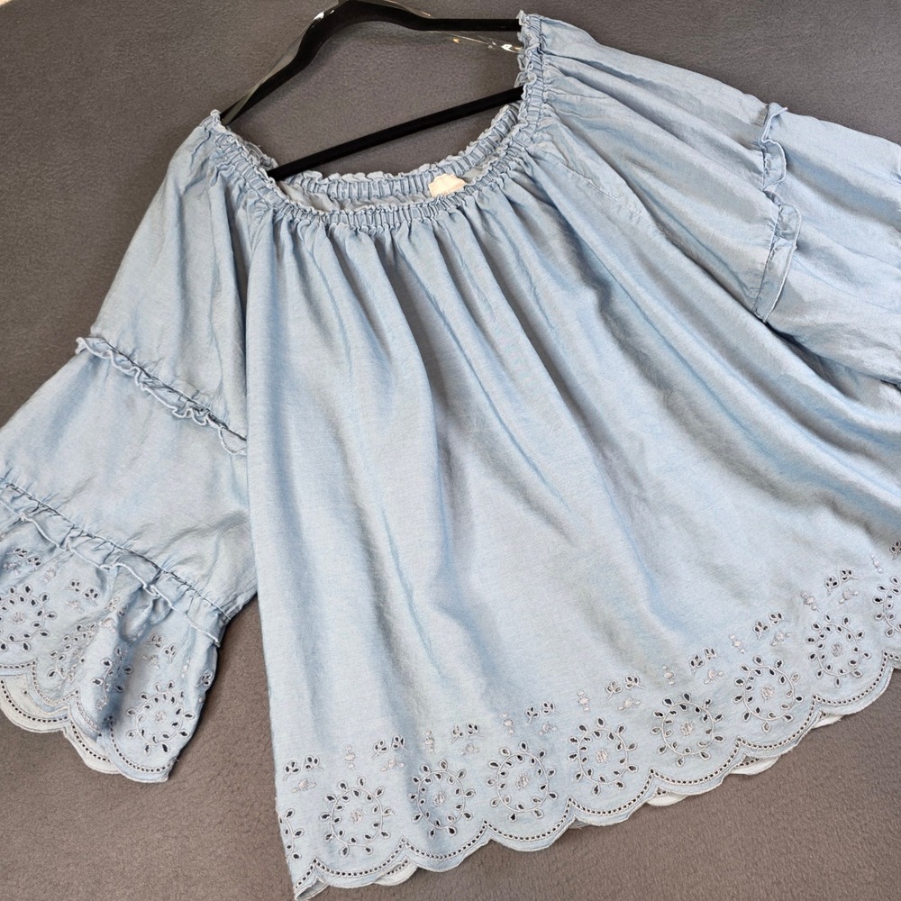 Zac & Rachel Blouse Women 3X Light Blue Eyelet Trim Ruffle Sleeve Lyocell